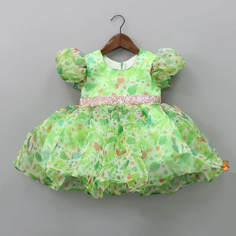 Women's Holiday Apparel Relaxed Style Deals Jungle Theme Printed Green Puff Sleeves Dress With Sequined Belt Women's Holiday Apparel Relaxed Style Deals Jungle Theme Printed Green Puff Sleeves Dress With Sequined Belt
