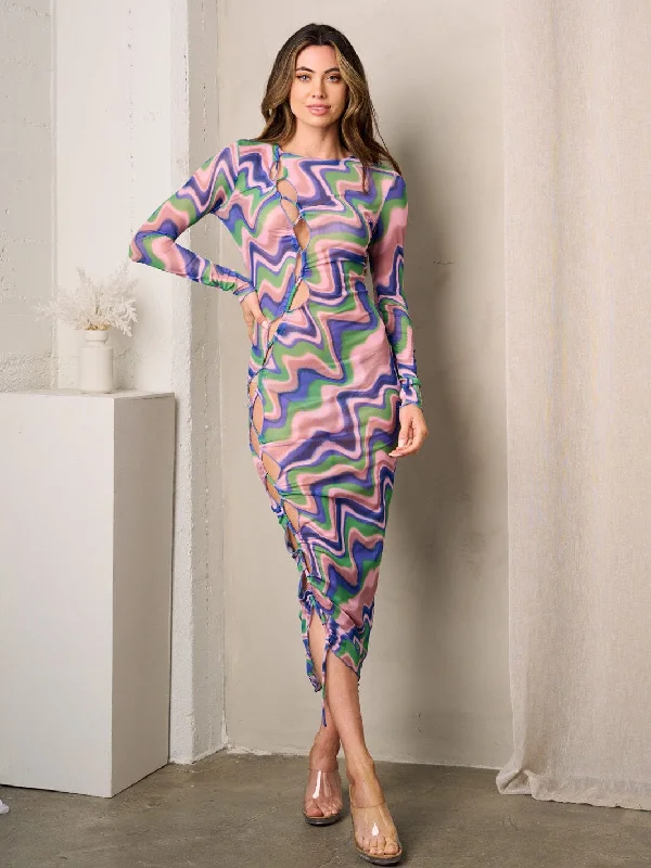 Women's Workout Garments Unleash Your Trend Driven Style WOMEN'S LONG SLEEVE CUT OUT MULTI COLORS MIDI DRESS