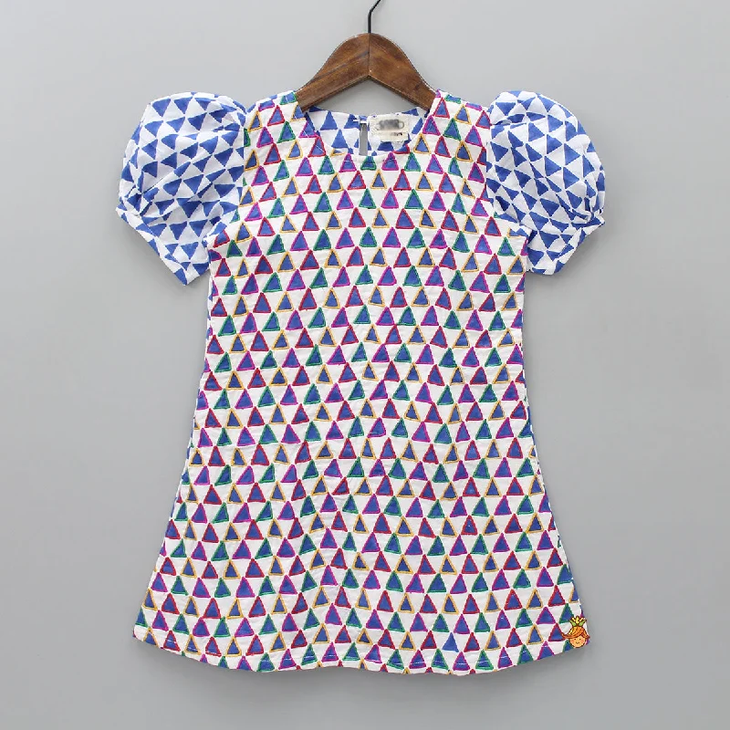 Women's Garments Save Big Multicolour Thread Embroidered Triangle Printed White Dress