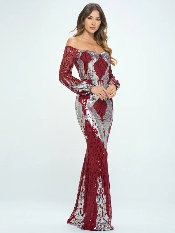 Women's Formal Event Outfit Laid-Back Fashion Offers WOMEN'S LONG SLEEVE OFF SHOULDER BODYCON SEQUINS MAXI DRESS