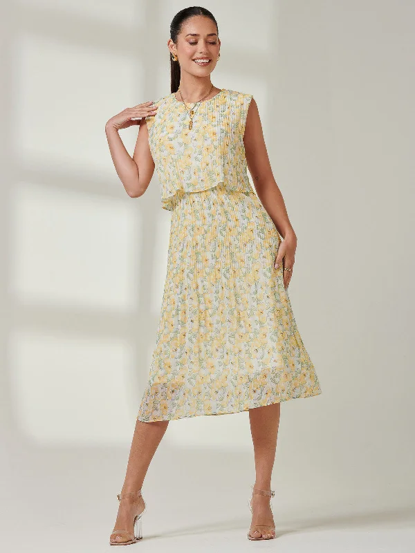 Women's Stylish Outdoor Outfit Gift Ideas Olena Pleated Overlay Chiffon Midi Dress, Yellow Multi Women's Stylish Outdoor Outfit Gift Ideas Olena Pleated Overlay Chiffon Midi Dress, Yellow Multi