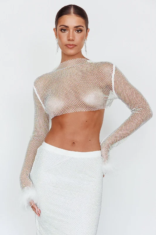 Women's Holiday Outfit Timeless Elegance Redefined Slay All Day Feather Cuff Crop Top White Women's Holiday Outfit Timeless Elegance Redefined Slay All Day Feather Cuff Crop Top White