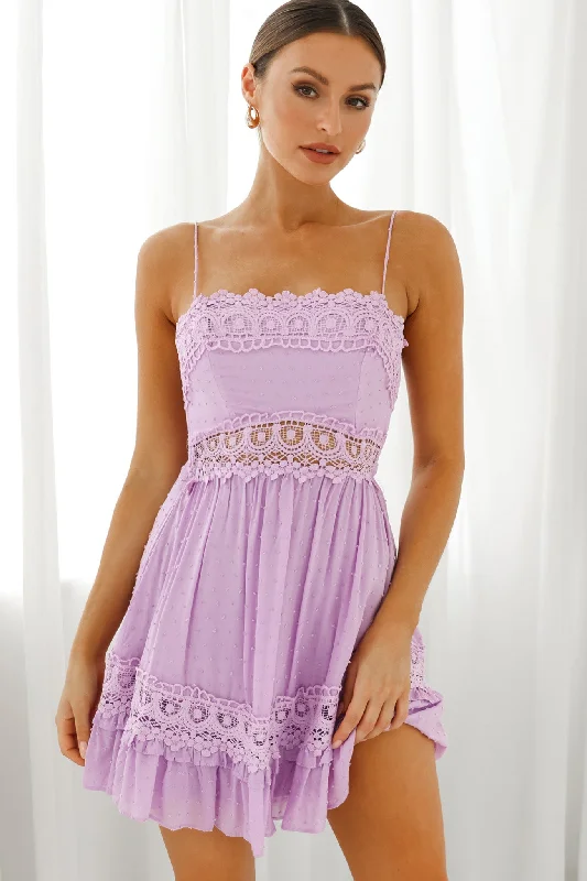 Luxury Women's Clothing Chic & Cozy Collection Desert Nights Crochet Lace Trim Tied Back Sun Dress Lilac