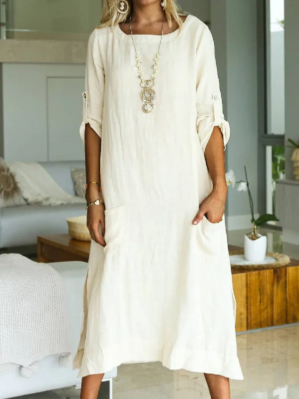 Vintage-Inspired Women's Apparel Daring Fashion Promotions Round Neck Cotton and Linen Pocket Casual Dress Vintage-Inspired Women's Apparel Daring Fashion Promotions Round Neck Cotton and Linen Pocket Casual Dress