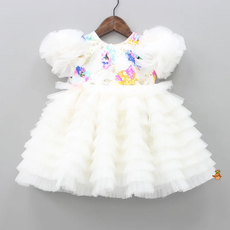 Women's Casual Garments Elegant Fashion Offers Colourful Sequins Embellished White Fancy Dress