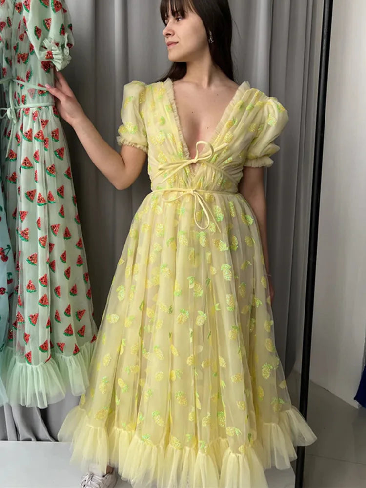 Women's Holiday Attire Durable Fashion Picks Short Sleeve V Neck Tie-up Front High Waist Fruit Sequins Ruffle Tulle Hem Princess Maxi Dress Women's Holiday Attire Durable Fashion Picks Short Sleeve V Neck Tie-up Front High Waist Fruit Sequins Ruffle Tulle Hem Princess Maxi Dress