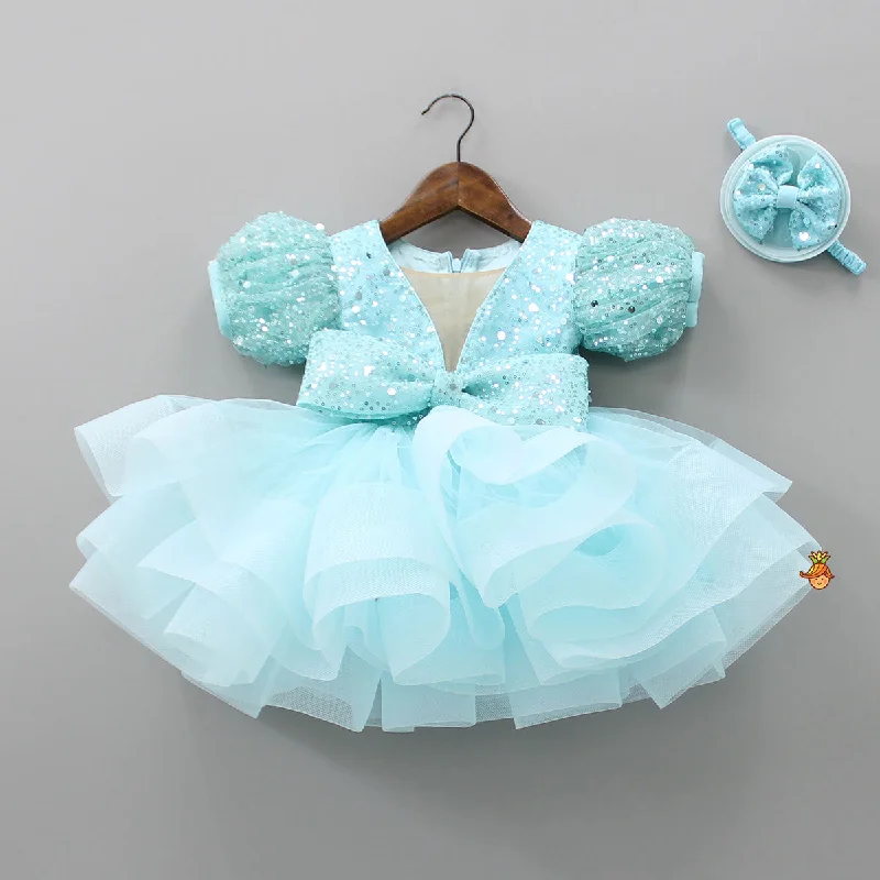Fashionable Women's Casual Apparel Premium Style Beautiful Sequined Puff Sleeves Ruffle Dress With Bowie Head Band Fashionable Women's Casual Apparel Premium Style Beautiful Sequined Puff Sleeves Ruffle Dress With Bowie Head Band
