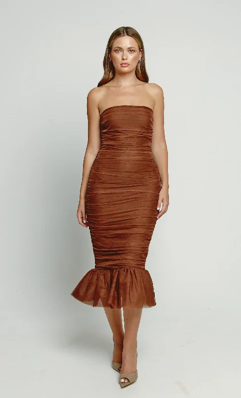Women's Resort Attire Limited Stock, Big Sale Brown Frill Hem Bandage Midi Dress