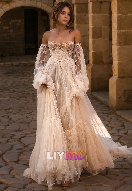 Women's Comfortable Lounge Outfit Playful Fashion Offers LW401 - Sweetheart Long Puff Sleeves Beaded Tiered Tulle Long Wedding Dress Women's Comfortable Lounge Outfit Playful Fashion Offers LW401 - Sweetheart Long Puff Sleeves Beaded Tiered Tulle Long Wedding Dress