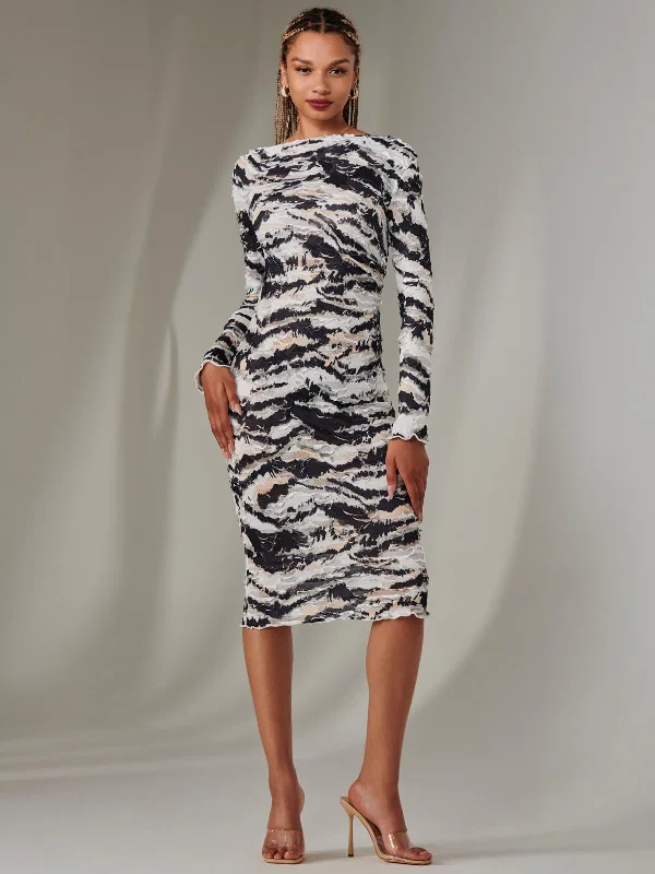 Affordable Women's Clothing Unleash Your Style Long Sleeve Textured Midi Dress, Black Abstract