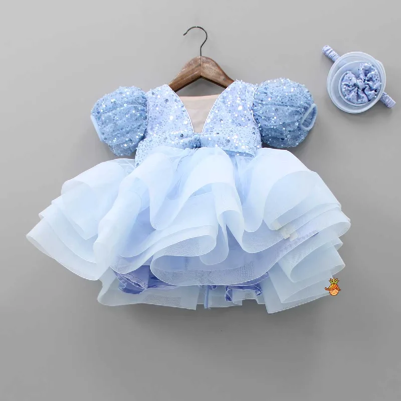 Women's Vintage Garments Season Sale Sequined Blue Puff Sleeves Ruffle Dress With Bowie Head Band Women's Vintage Garments Season Sale Sequined Blue Puff Sleeves Ruffle Dress With Bowie Head Band