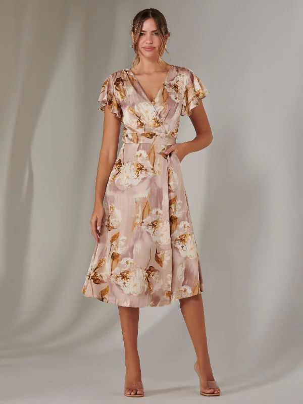 Stylish Women's Garments Luxe Style Discounts Wrap Front Midi Dress, Dusty Pink