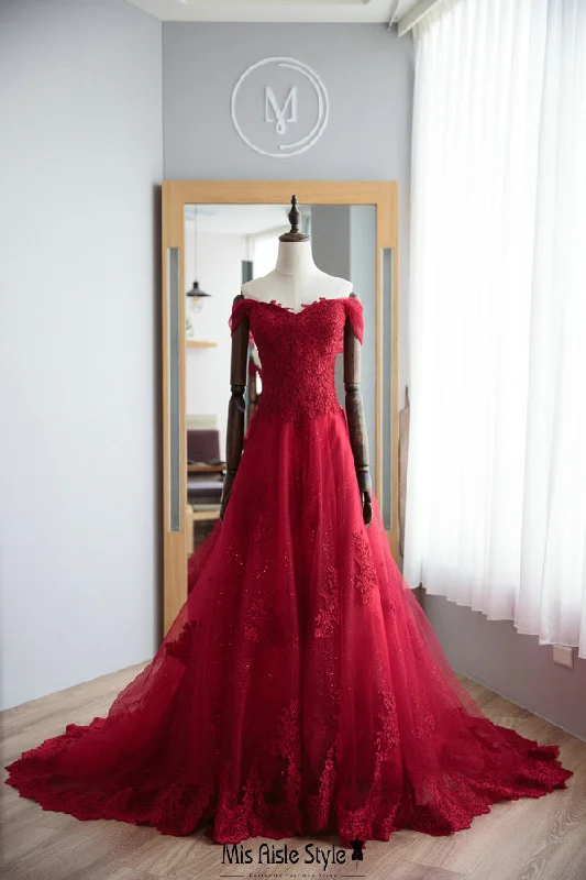 Women's Clothes And Garments Limited Stock A line Off Shoulder Sleeve Deep Red Lace Wedding Dress Women's Clothes And Garments Limited Stock A line Off Shoulder Sleeve Deep Red Lace Wedding Dress