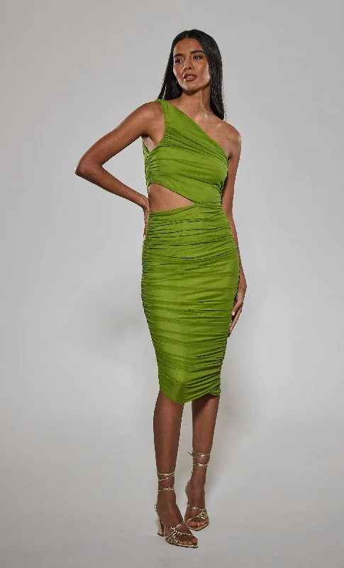Comfortable Outfit For Women Limited Time Offers Green One Shoulder Ruched Midi Dress Comfortable Outfit For Women Limited Time Offers Green One Shoulder Ruched Midi Dress