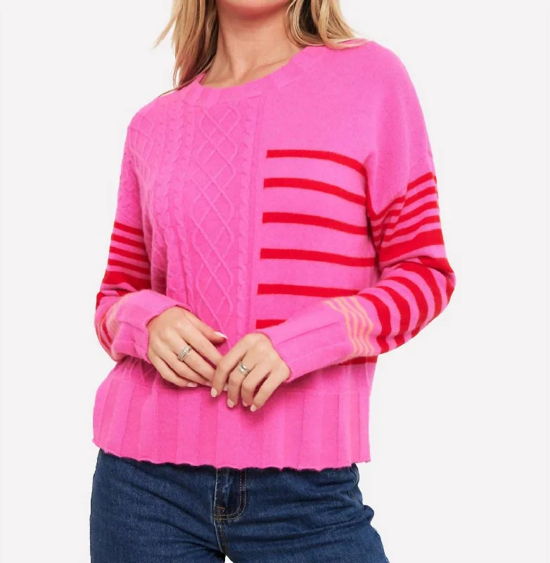 Vintage-Inspired Garments Hurry Before It'S Gone Callie Cable Stipe Crew Pullover In Diva Pink/red/neon Coral Vintage-Inspired Garments Hurry Before It'S Gone Callie Cable Stipe Crew Pullover In Diva Pink/red/neon Coral