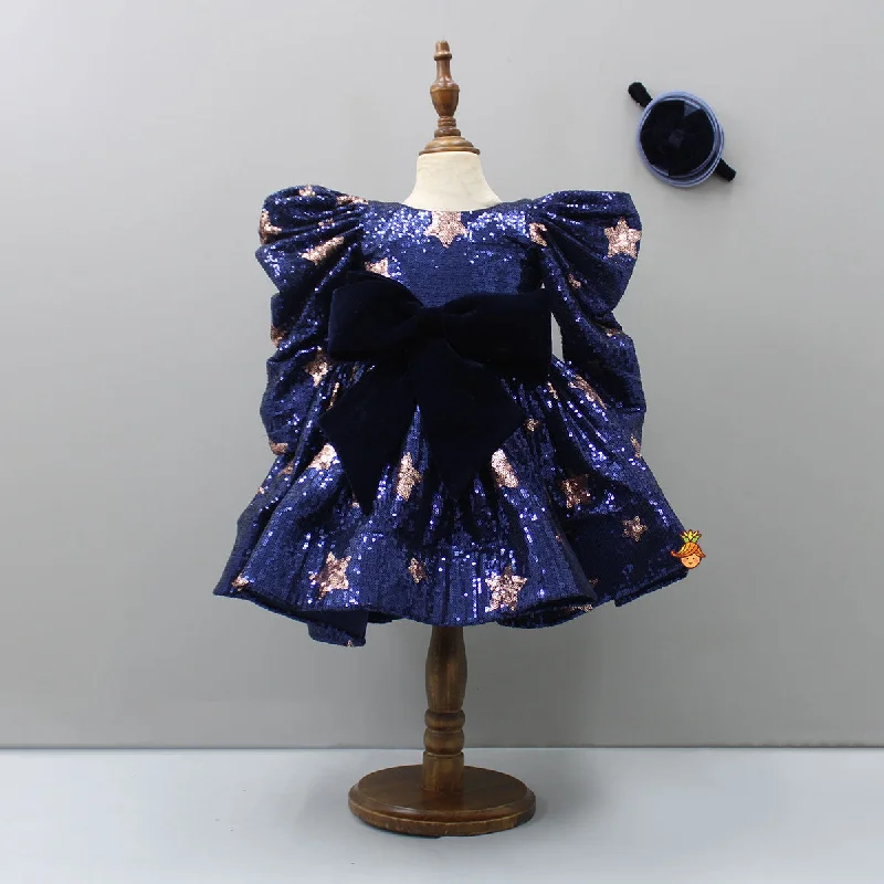 Chic Clothing For Women Vibrant Style Promotions Puffed Sleeves Sequined Blue Dress With Head Band Chic Clothing For Women Vibrant Style Promotions Puffed Sleeves Sequined Blue Dress With Head Band