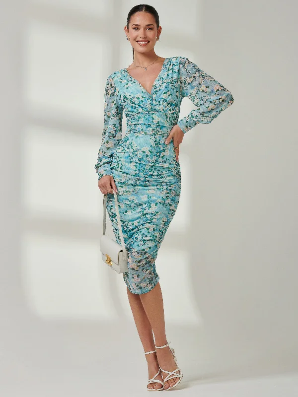 Women's Casual Clothing For Lounging Laid-Back Fashion Offers Long Sleeve Ruched Mesh Midi Dress, Green Floral