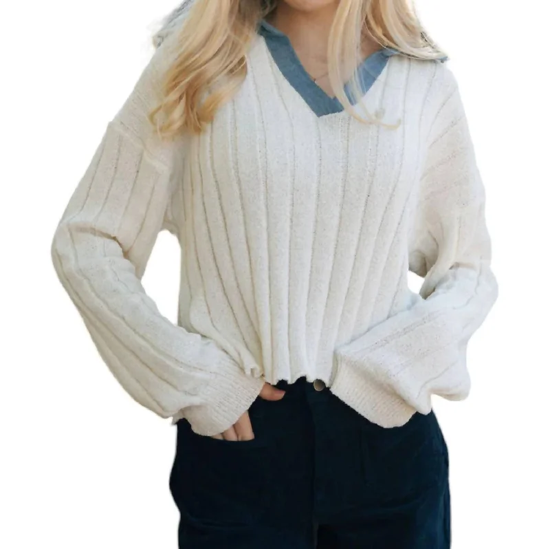 Women's Comfortable Lounge Outfit Popular Collection Denim Collar Sweater In Ecru