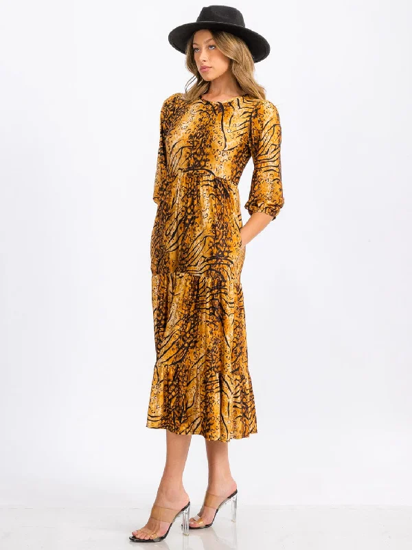 Stylish Outerwear Clothes For Women Stylish Looks WOMEN'S 3/4 SLEEVE FRONT POCKETS MULTI PRINT TIERED MIDI DRESS