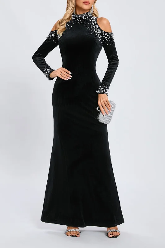 Women's Chic Apparel Polished Style Deals Sparkly Crystal Faux Pearl Cold Shoulder Long Sleeve Velvet Evening Maxi Dress