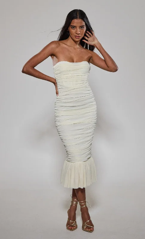 Women's Classic Attire Season Offer Cream Ruched Corset Fishtail Dress