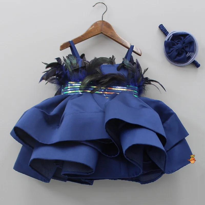 Women's Chic Apparel Fashion Sale Holographic Lace Detailed Ruffle Layered Blue Dress With Head Band Women's Chic Apparel Fashion Sale Holographic Lace Detailed Ruffle Layered Blue Dress With Head Band