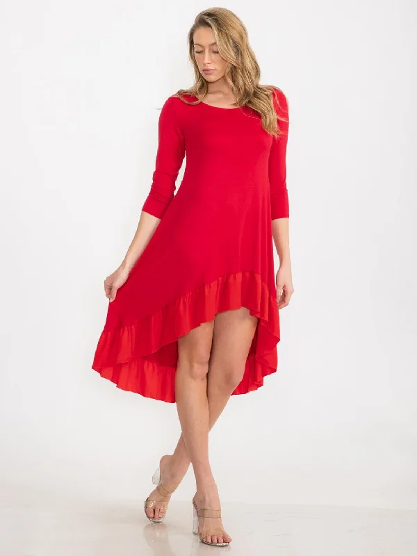 Women's Clothes Flash Sale, Don'T Miss WOMEN'S 3/4 SLEEVE TUNIC RUFFLE BOTTOM HEM HIGH LOW MIDI DRESS