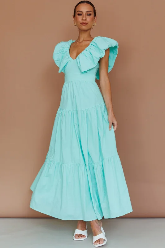 Women's Chic Outerwear Outfit Cool Prices Kahlo Puffed Ruffle Neckline Maxi Dress Mint Women's Chic Outerwear Outfit Cool Prices Kahlo Puffed Ruffle Neckline Maxi Dress Mint