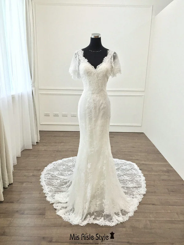 Women's Trendy Garments Flirty Fashion Discounts Mermaid Low V-back Soft Lace Flutter Sleeve Wedding Dress Women's Trendy Garments Flirty Fashion Discounts Mermaid Low V-back Soft Lace Flutter Sleeve Wedding Dress