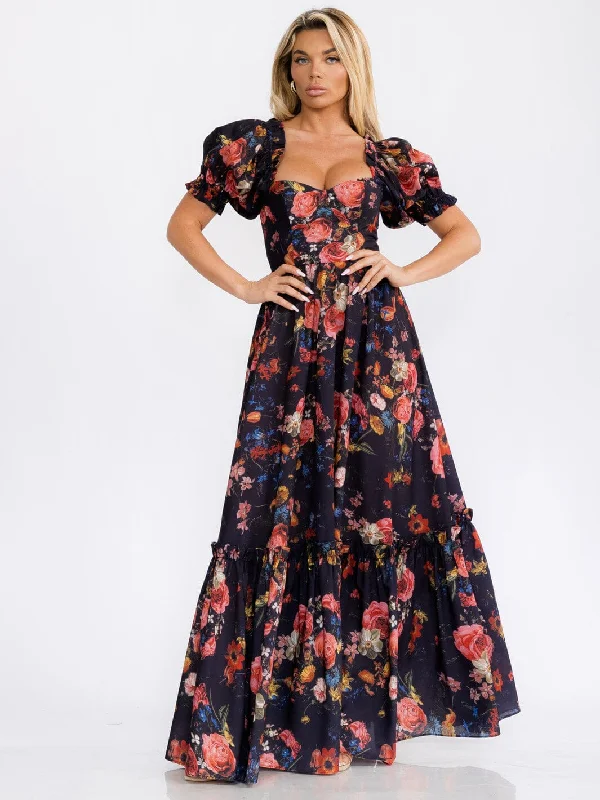 Women's Workout Clothing Stylish Looks WOMEN'S SHORT PUFF SLEEVES FLORAL MAXI DRESS