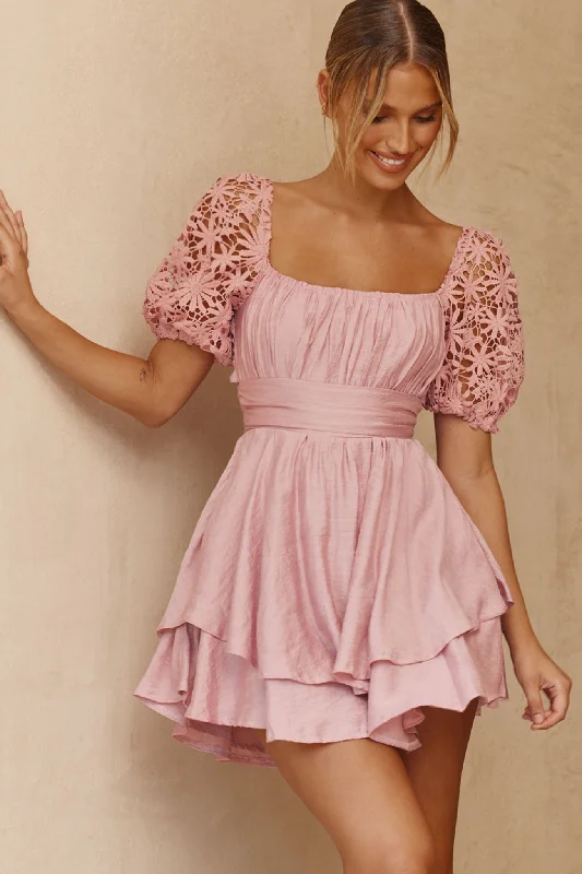 Women's High-Fashion Apparel Premium Fashion Abby Lace Puff Sleeve Tie-Up Back Dress Blush Women's High-Fashion Apparel Premium Fashion Abby Lace Puff Sleeve Tie-Up Back Dress Blush