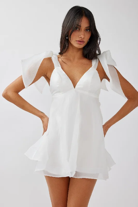 Fashion-Forward Women's Clothing Limited Styles Chantilly Tied Shoulder Mini Dress Solid White