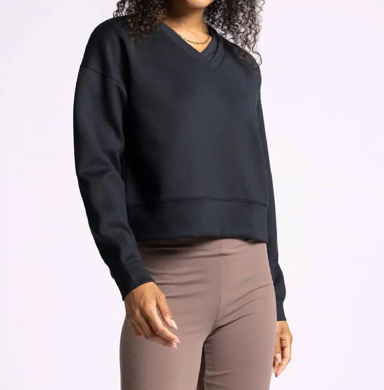 Women's Activewear Outfit Polished Style Deals Martina V-Neck Pullover Sweater In Black Rib Women's Activewear Outfit Polished Style Deals Martina V-Neck Pullover Sweater In Black Rib