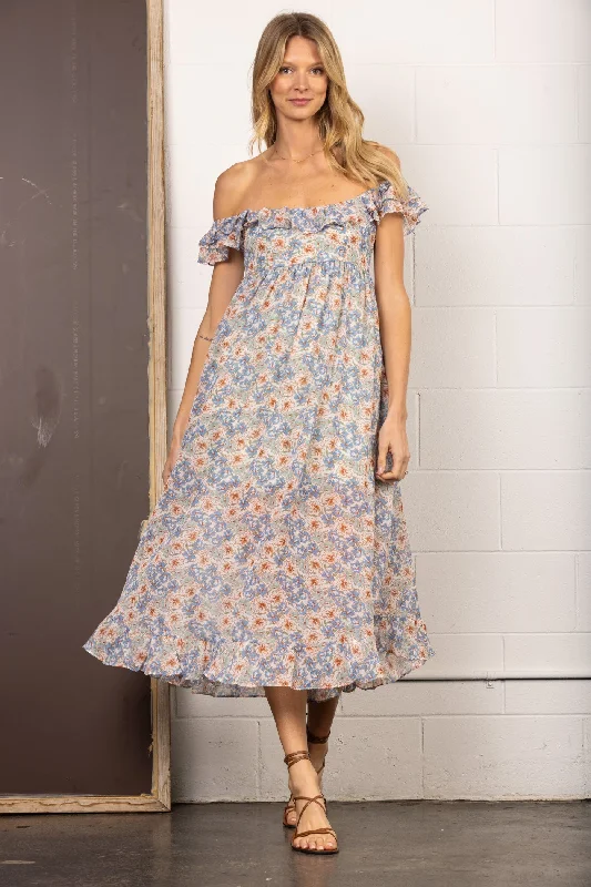 Classic Clothes For Women Best Sellers BLUE OFF SHOULDER RUFFLED MAXI DRESS-D8236SN