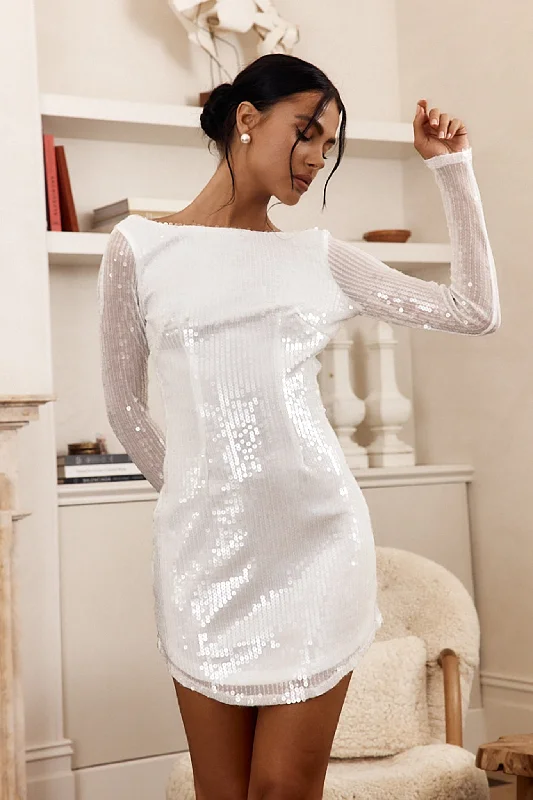 Elegant Women's Evening Garments End-Of-Season Clearance Karma Long Sleeve Keyhole Back Sequin Dress White Elegant Women's Evening Garments End-Of-Season Clearance Karma Long Sleeve Keyhole Back Sequin Dress White