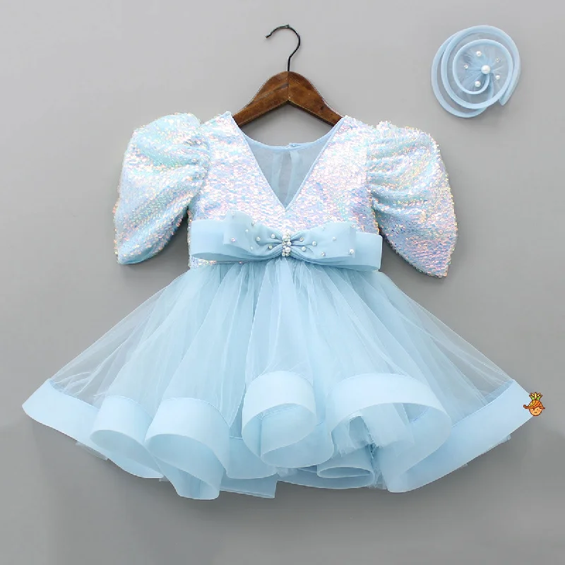 Formal Outfit For Women You'Ll Love Us Because Sequins Beautified Flared Blue Dress With Swirled Hair Clip