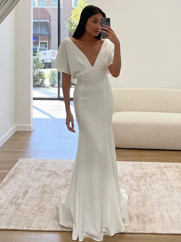Casual Chic Clothing For Women Polished Style Deals Sheath/Column Charmeuse Ruched V-neck Short Sleeves Sweep/Brush Train Wedding Dresses