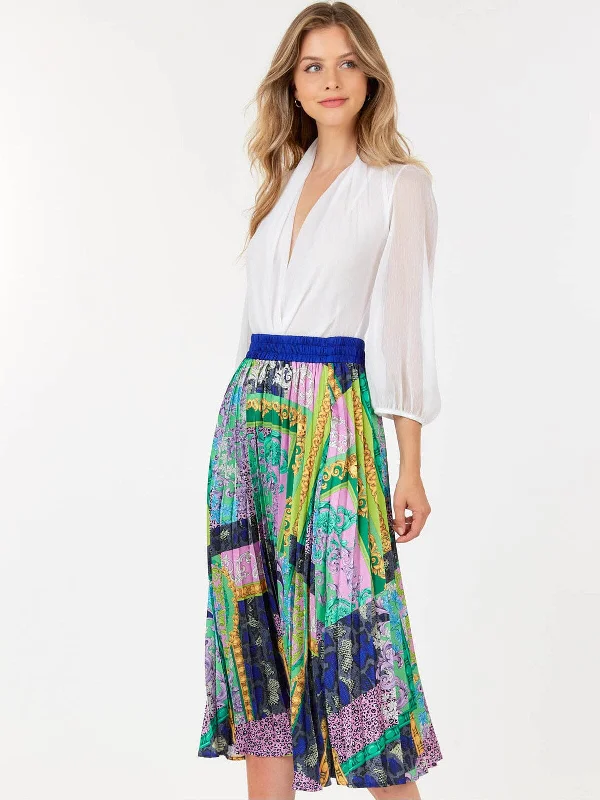 Stylish Women's Apparel Top Deals WOMEN'S ELASTIC WAIST MULTI PRINT PLEATED MIDI SKIRT