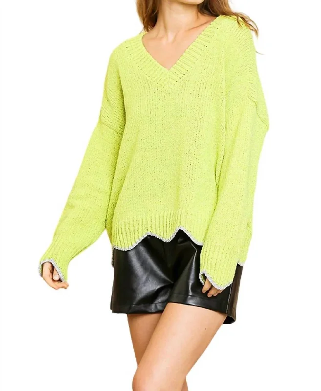 Women's Trendy Casual Outfit Retro Style Promotions Zig Zag Pullover Sweater In Lime Women's Trendy Casual Outfit Retro Style Promotions Zig Zag Pullover Sweater In Lime
