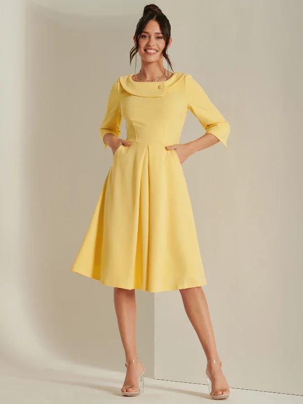 Women's Comfortable Garments Embrace New Fashion 3/4 Sleeve Fold Neck Midi Dress, Light Yellow