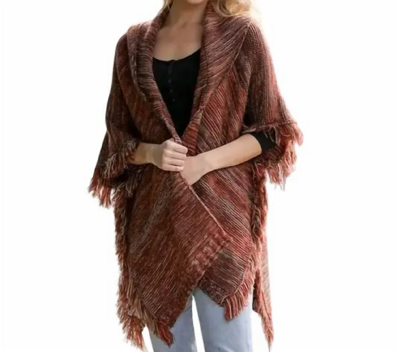 Women's Workout Clothing Durable Fashion Picks Cozy Marled Knit Collared Ruana In Rust Women's Workout Clothing Durable Fashion Picks Cozy Marled Knit Collared Ruana In Rust