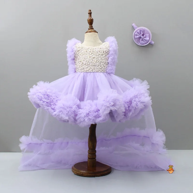 Women's Evening Clothes Minimalist Fashion Sale Embroidered Yoke Ruffle Hem Lavender Dress With Detachable Trail And Matching Head Band Women's Evening Clothes Minimalist Fashion Sale Embroidered Yoke Ruffle Hem Lavender Dress With Detachable Trail And Matching Head Band