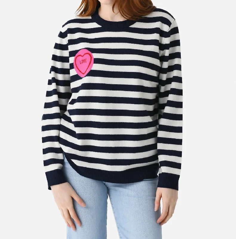 Women's Trendy Attire Seasonal Picks Stripe Love Crew Sweater In Bright White Honeysuckle