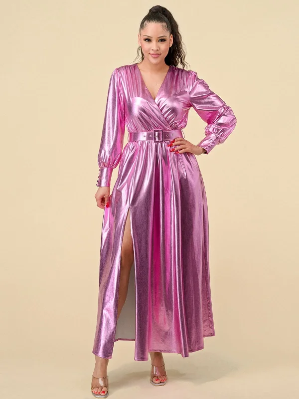 Casual Attire For Women Modish Fashion Discounts WOMEN'S LONG SLEEVES SURPLICE FRONT SLIT BELTED METALLIC MAXI DRESS