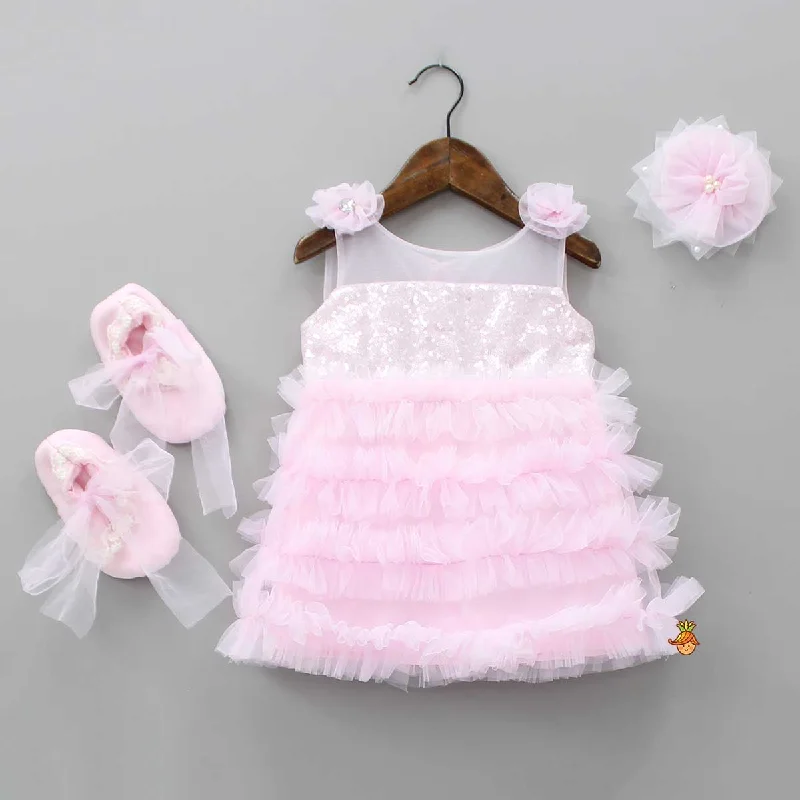 Women's Elegant Evening Outfit Elegant Style Pink Sequin And Net Ruffle Dress With Hair Clip And Booties Women's Elegant Evening Outfit Elegant Style Pink Sequin And Net Ruffle Dress With Hair Clip And Booties