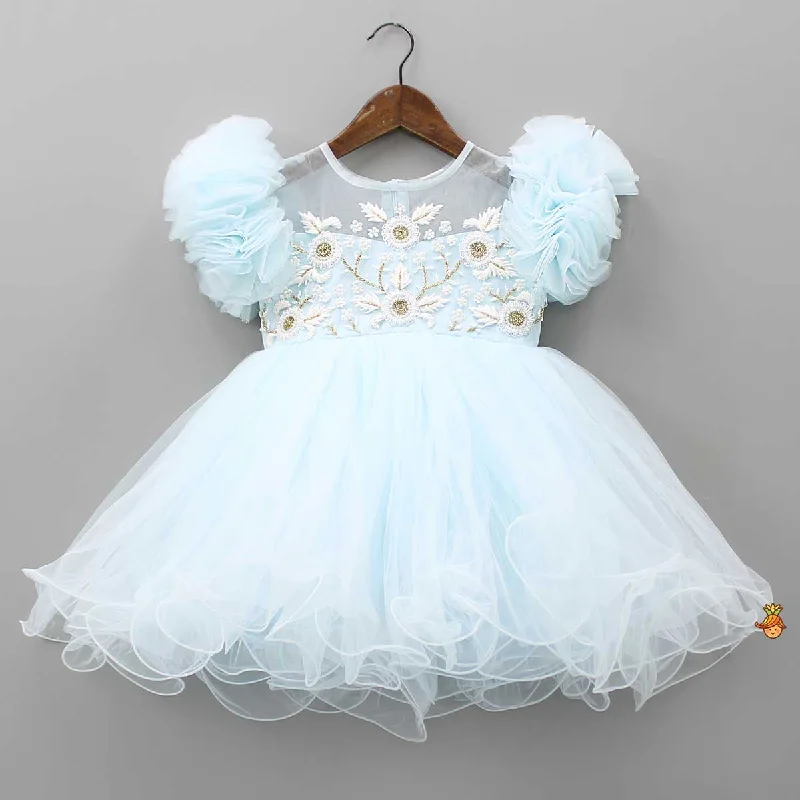 Women's Evening Attire Mega Sale Cut Dana Embellished Blue Ruffled Sleeves Dress