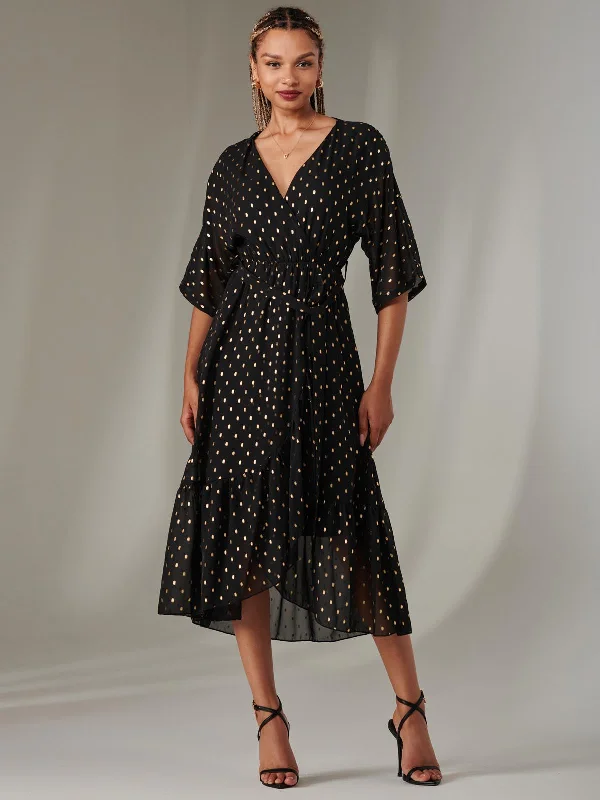 Women's Functional Apparel For Outdoor Activities Crazy Price Slashing Rita Ruffle Hem Chiffon Midi Dress, Black/Gold