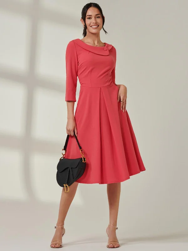 Women's Contemporary Apparel Seasonal Fashion Fold Neckline Sleeved Midi Dress, Watermelon