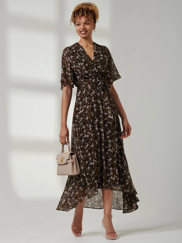 Women's Trendy Apparel Feminine Style Promotions Jolie Moi Angel Sleeve Wrap Tie Front Maxi Dress, Black Floral Women's Trendy Apparel Feminine Style Promotions Jolie Moi Angel Sleeve Wrap Tie Front Maxi Dress, Black Floral