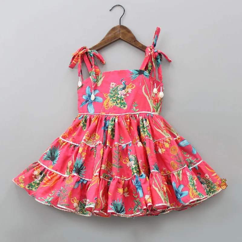 Women's Casual Wear Clothes Limited Time Special Offer Peacock Printed And Gota Lace Detailed Knee Length Tiered Dress Women's Casual Wear Clothes Limited Time Special Offer Peacock Printed And Gota Lace Detailed Knee Length Tiered Dress